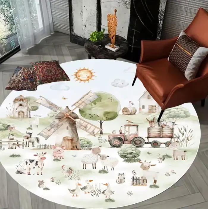 Tapis rond à motif d'animaux de la ferme de dessin animé