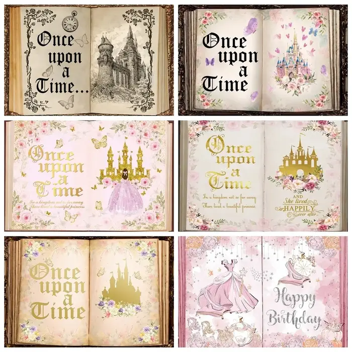 Livre de conte de fées anniversaire mariage toile de fond personnalisée il était une fois château ancien papillon fleur