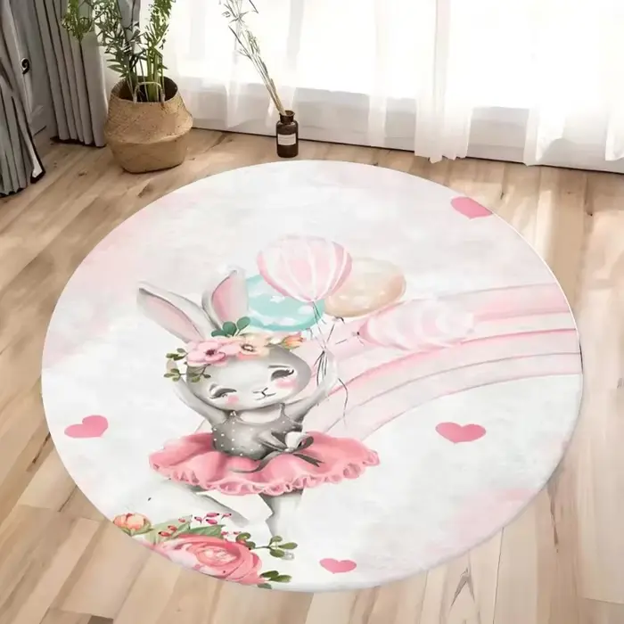 Tapis circulaire rose à motif de lapin de dessin animé