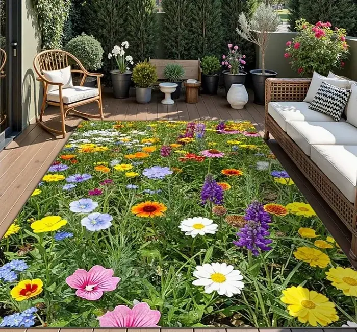 Tapis de sol Grand Format Motif Fleurs Sauvages Fraîches du Jardin, Impression Texturée Réaliste Gazon Vert et Marguerites Blanches, Idéal pour Salon