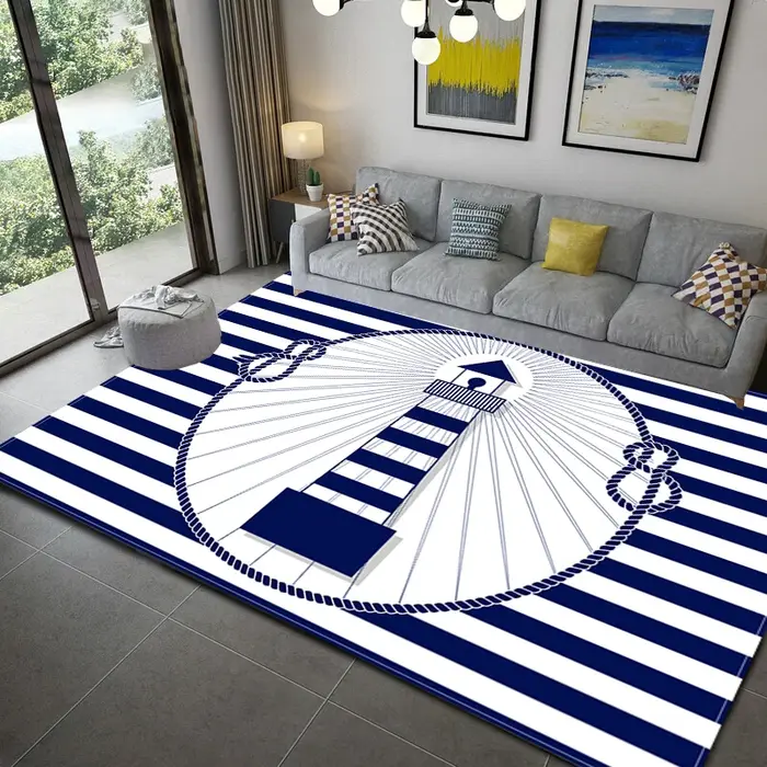 Injecteur de zone de phare d'océan à rayures bleues foncées, tapis de bateau, polymère de sol, tapis doux, salon, HOKitchen
