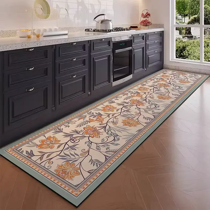 Tapis de cuisine long en PVC, tapis imperméable en cuir, tapis vintage à fleurs, tapis anti-huile, a