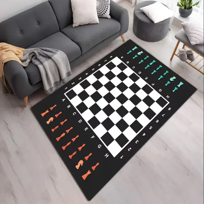 Tapis d'échecs avec motif imprimé aux couleurs vives, lavable et antidérapant, cadeau pour les amateurs d'échecs, tapis de décoration pour la maison