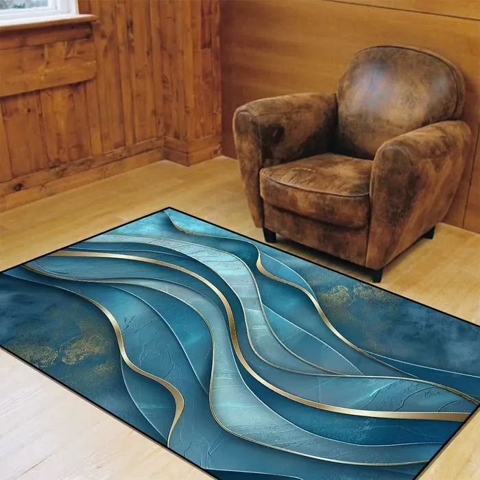 Tapis abstrait moderne de luxe bleu sarcelle avec veines de marbre doré pour salon et chambre à coucher