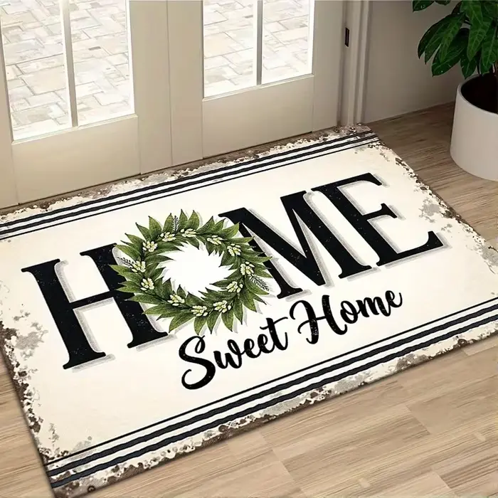 Tapis de sol rustique « Home Sweet Home » bleu à texture bois
