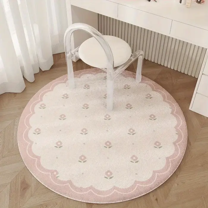 Tapis décoratif rond à fleurs roses