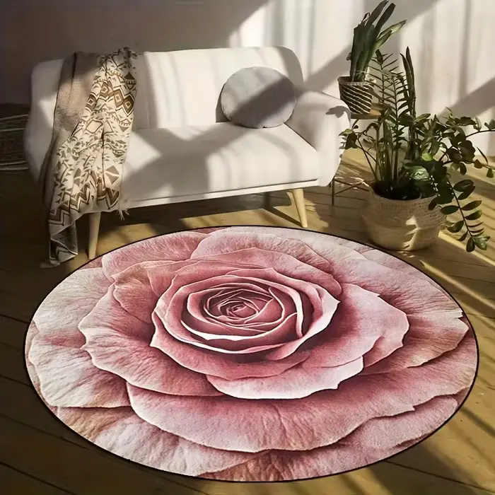Tapis rond rose doux, motif de fleurs réalistes, antidérapant, pour chambre à coucher, salon et sall