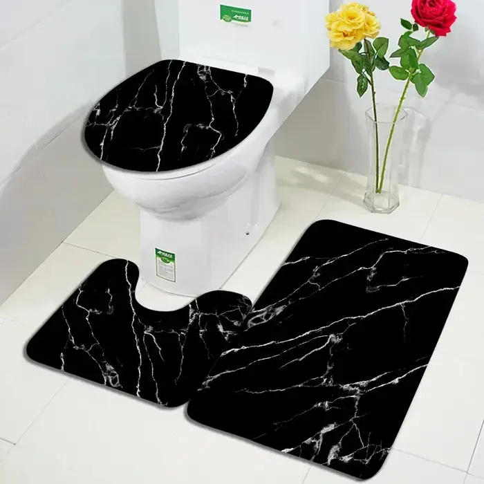 Tapis de bain en marbre noir et blanc abstrait