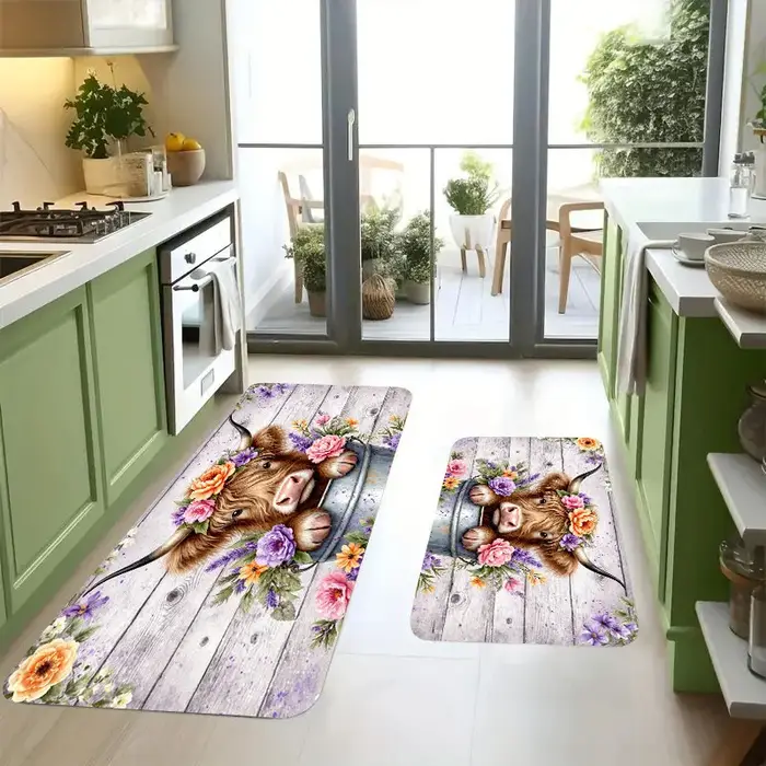 Tapis long de cuisine à motif vache floral