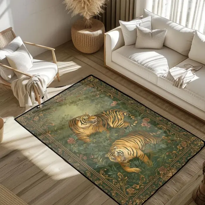 Tapis d'intérieur Art Tiger Animal, motif floral vintage, antidérapant, pour salon et chambre, grande taille, doux et moelleux, style asiatique