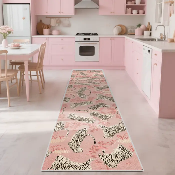 VIKAMA Tapis de couloir rose à imprimé léopard, facile d'entretien, pour entrée, chambre, cuisine et