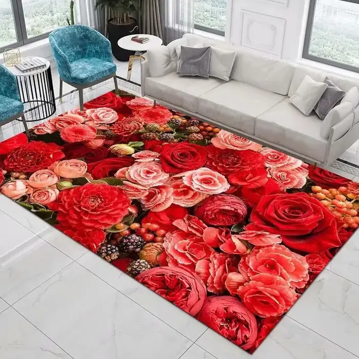 Tapis Rose rouge pour salon Tapis à fleurs romantique Tapis de sol doux Tapis floraux pour chambre T