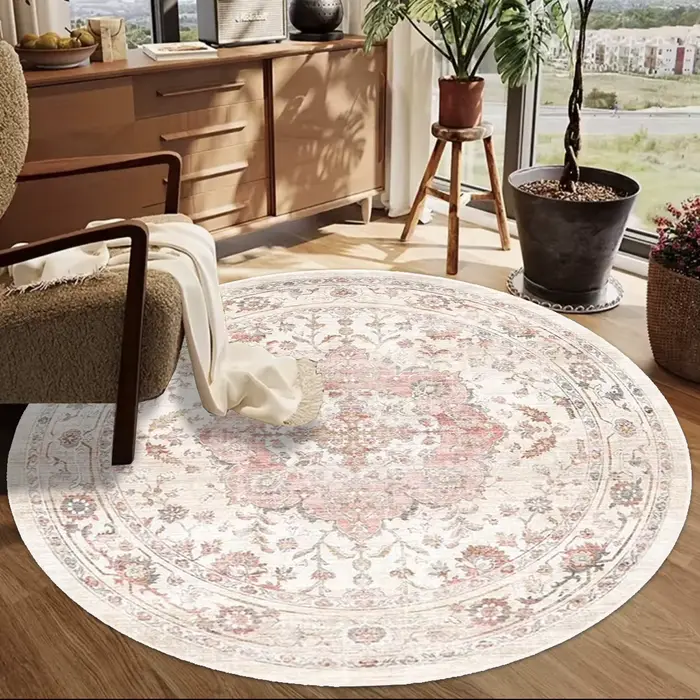 VIKAMA Tapis rond vintage européen, tapis de chevet de style bohème nordique pour chambre à coucher,