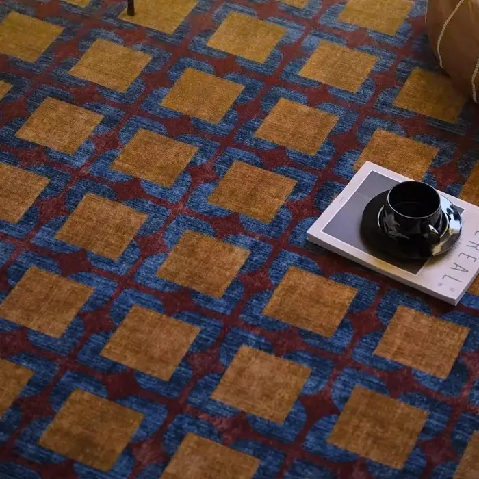 Tapis de salon vintage marron à carreaux imprimés