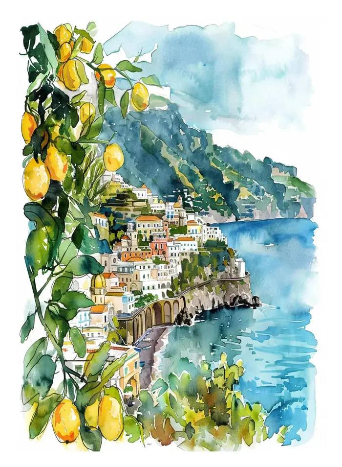 Affiche de paysage urbain côtier d'arbre citron