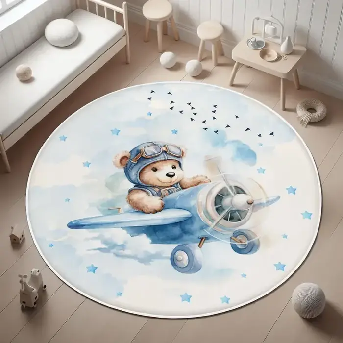 Tapis rond d'intérieur motif Ours pilote en aquarelle et Avion, pour chambre, canapé, table basse, c