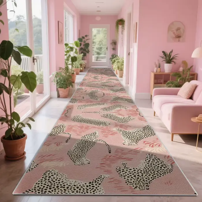 VIKAMA Tapis long rose à imprimé léopard pour hall d'entrée de luxe français