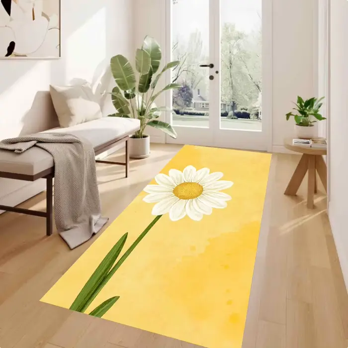 Tapis long antidérapant en toile aquarelle motif marguerite blanche et jaune, lavable, doux, pour cu