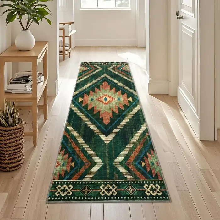 Tapis de couloir vintage vert et marron