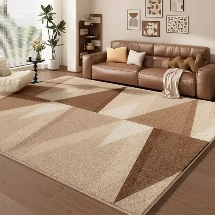 Tapis de sol grand format pour salon et chambre, beige et marron, motif abstrait lignes ondulées, imprimé en blocs, tapis doux, décoration moderne et minimaliste pour la maison