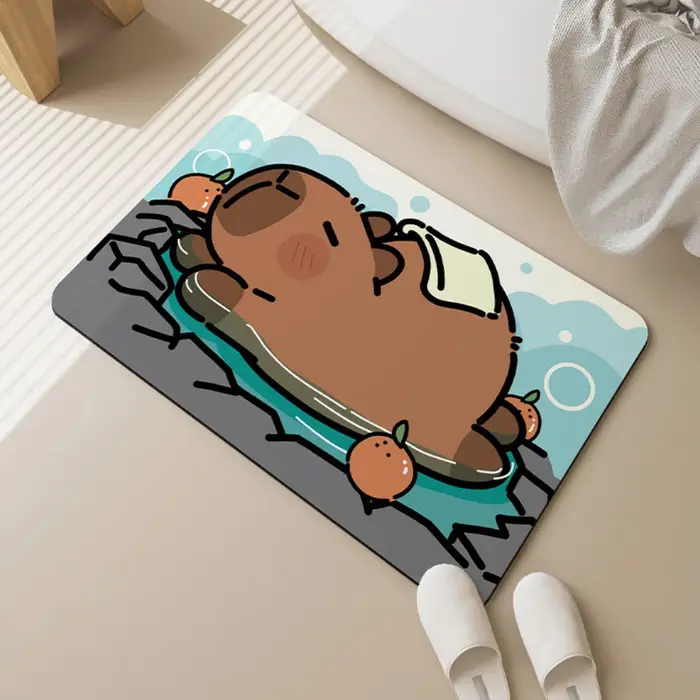 Tapis de sol de salle de bain Capybara mignon prenant un motif de bain