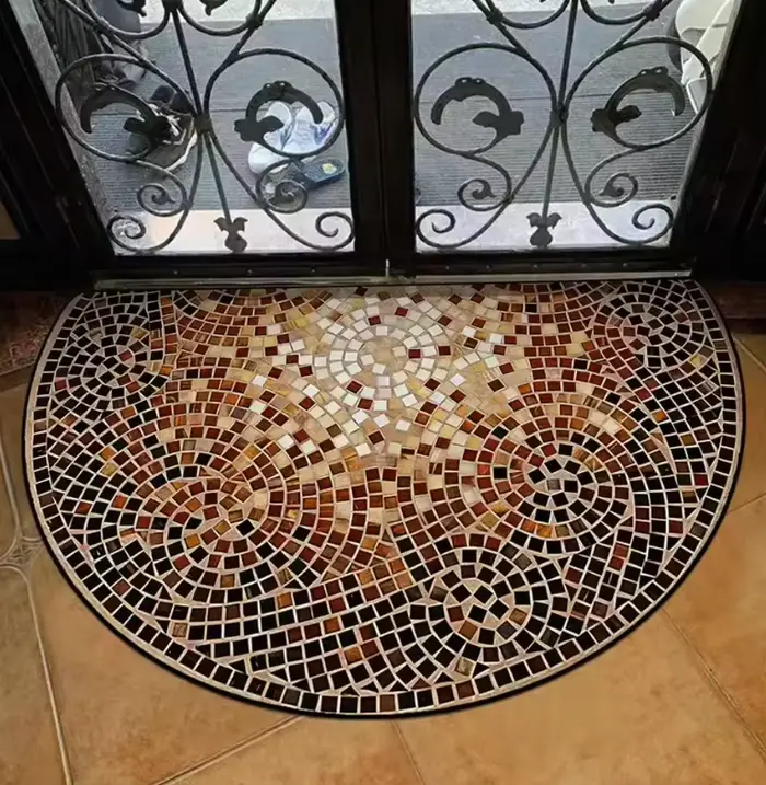 Tapis demi-rond mosaïque soleil chaud lavable pour entrée, décoration rustique méditerranéenne pour 