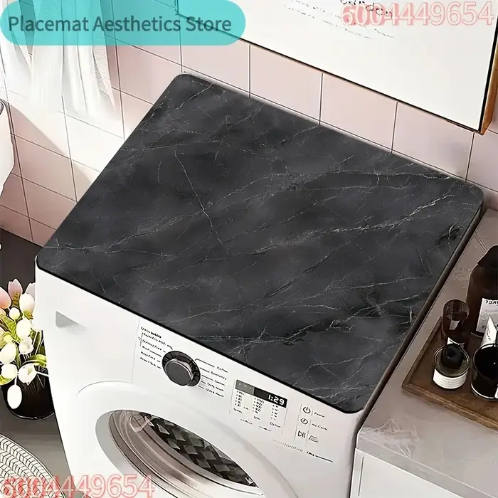 Housse anti-poussière pour machine à laver et tapis de séchage pour vaisselle - Motif marbre noir et blanc