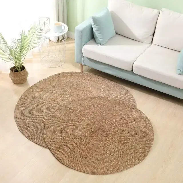 Tapis de rotin tissé à la main Rond Paille Jute Tapis Hôtel Jardin Style Salon Table Basse Eau Herbe