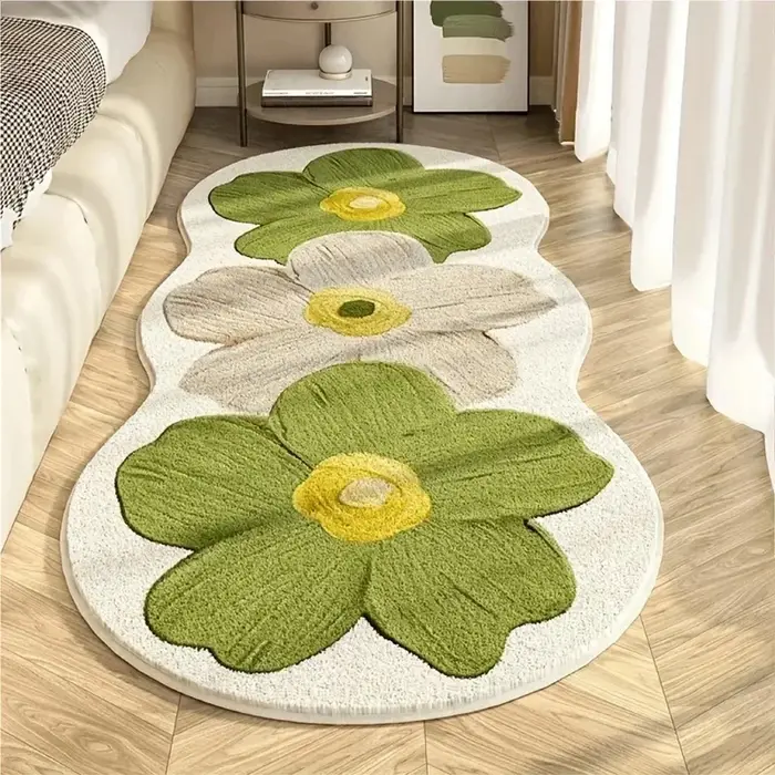 Tapis de sol floral de style nordique, bleu et beige, tapis moelleux à motifs floraux, tapis décoratif pour chambre à coucher, chambre de fille, décoration intérieure
