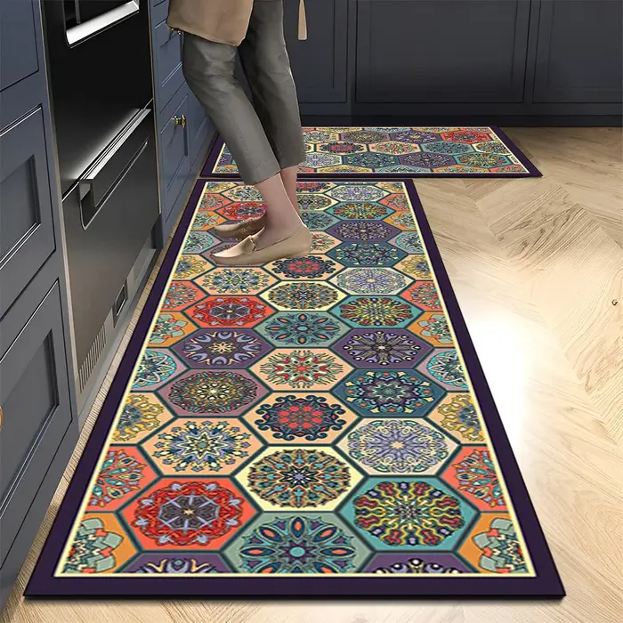 Tapis de cuisine hexagonal bleu et blanc VIKAMA Mediterranean