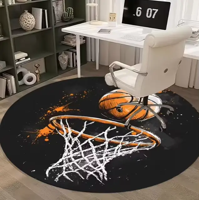 Un tapis rond doté d'un basket-ball de style graffiti et de décoration des bureaux