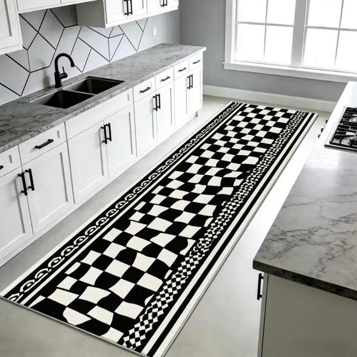 Tapis de cuisine antidérapant résistant à l'usure, motif géométrique noir et blanc, long tapis de so