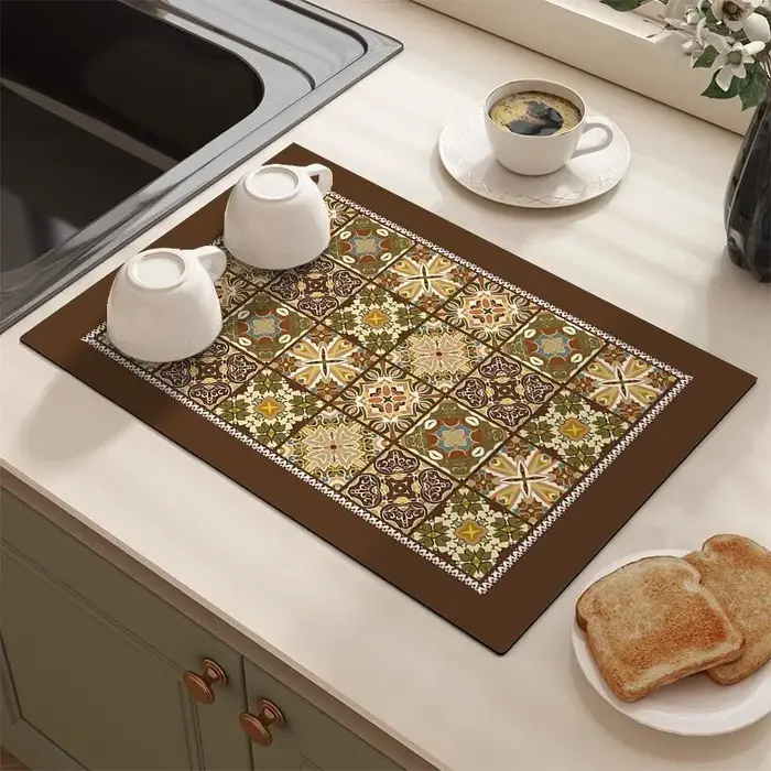 Tapis de vidange absorbant à motif de carrelage rétro, antidérapant, séchage rapide, pour cuisine, p