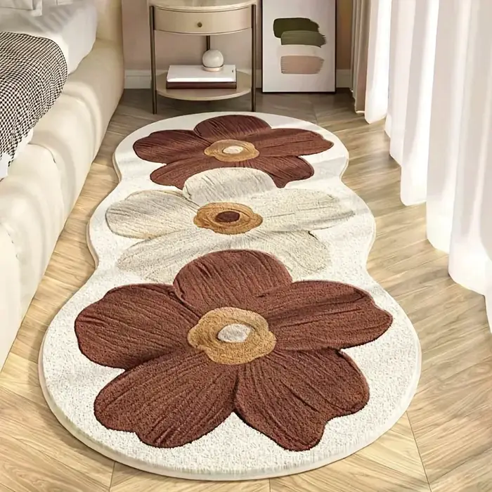 Tapis de sol floral de style nordique, bleu et beige, tapis moelleux à motifs floraux, tapis décoratif pour chambre à coucher, chambre de fille, décoration intérieure