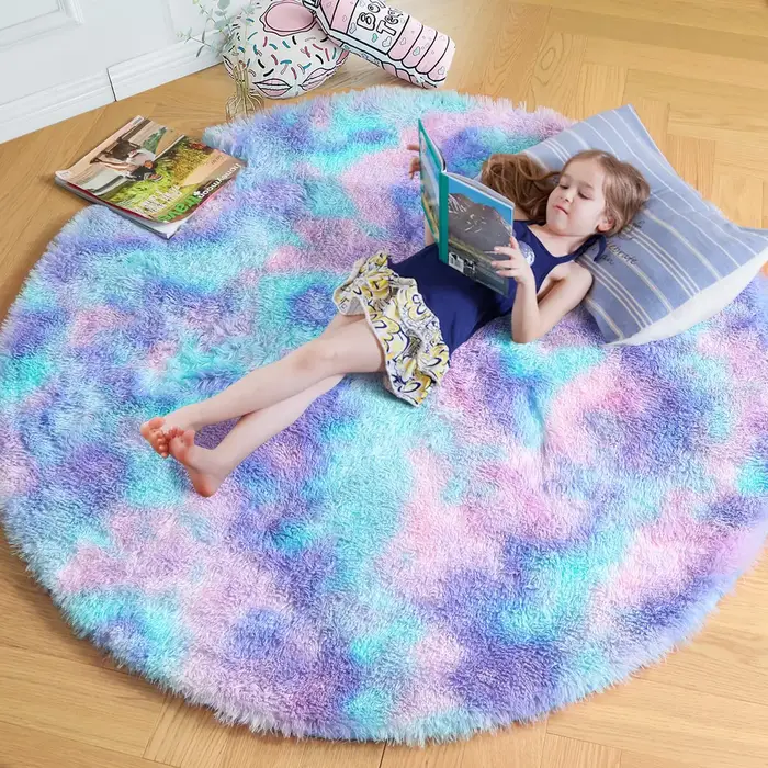 Vikama arc-en-ciel moelleux tapis rond pour filles chambre décor à la maison coloré Pastel Shag cercle doux mignon flou