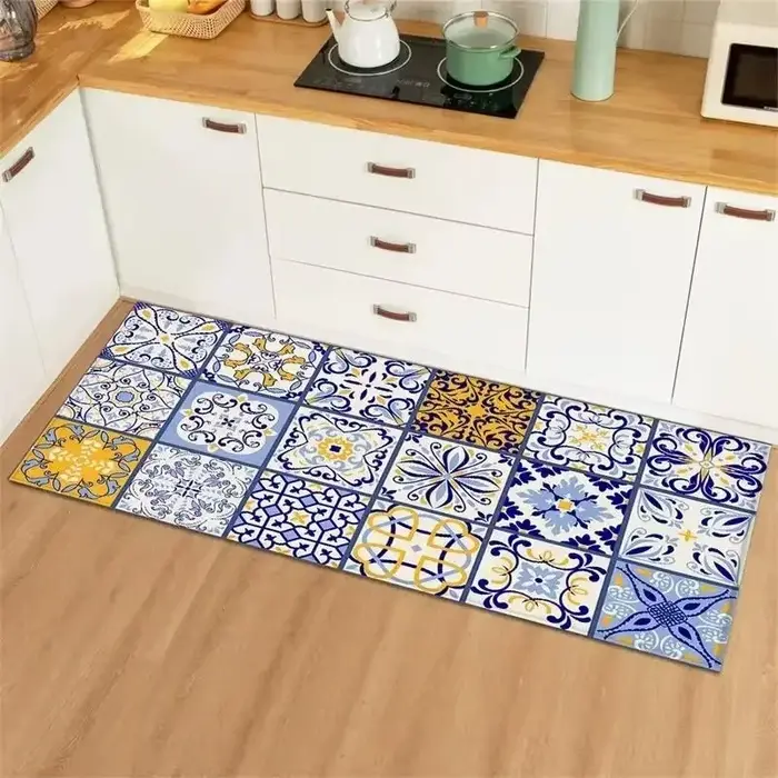 Tapis de cuisine Long avec Collage de carreaux Vintage bleu jaune