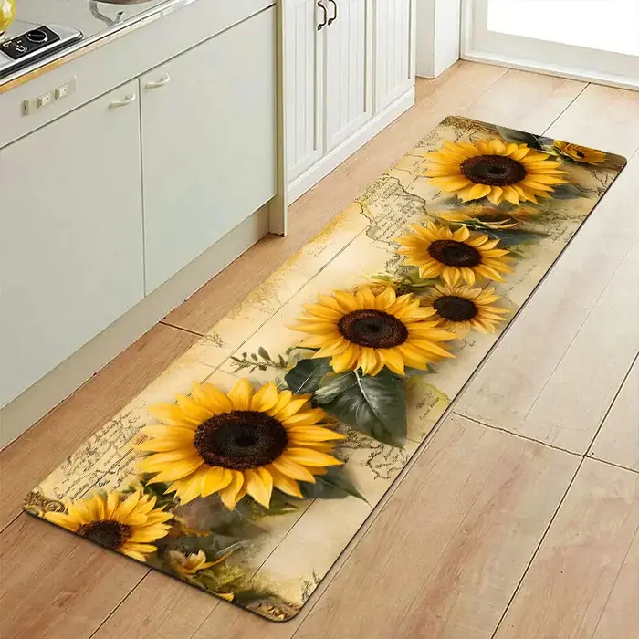 Tapis vintage motif tournesol, décoration intérieure, tapis de cuisine, tapis de couloir long, motif carte rétro, style campagnard, tapis d'intérieur