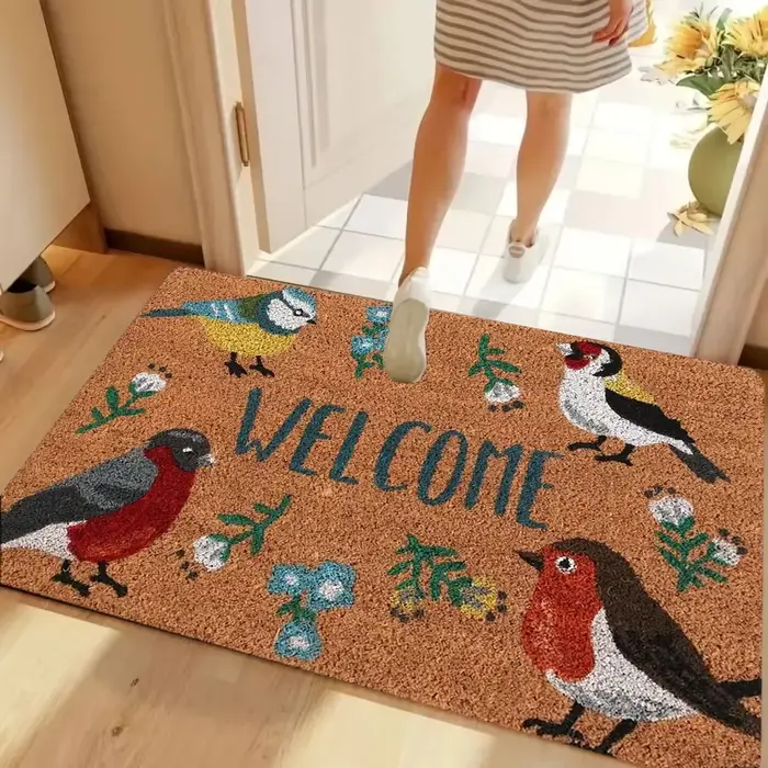 VIKAMA Tapis de bienvenue rétro à motif floral orange en fibre de coco naturelle antidérapant, style