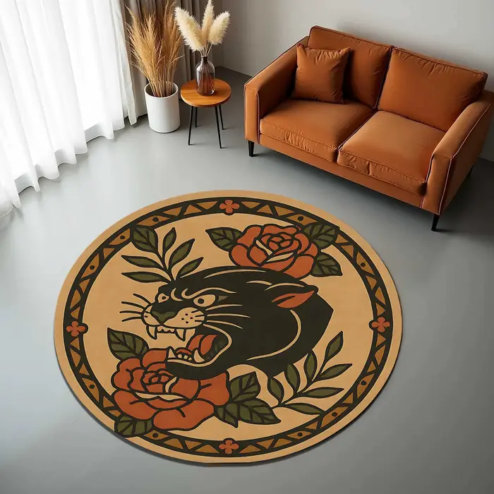 Tapis rond à motif de tatouage léopard de Style rétro, tapis de sol antidérapant pour salon, chambre