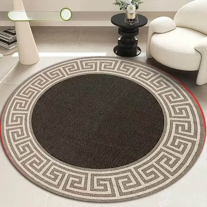 Tapis rond noir clé grecque pour salon, chambre à coucher, motif clé grecque, revêtement intemporel