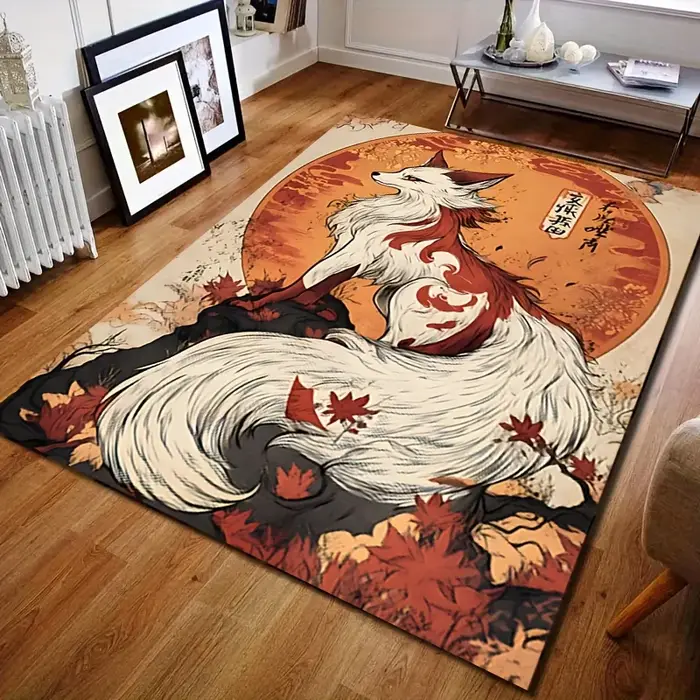 Tapis en velours et flanelle imprimé Fox Spirit, tapis décoratif au design mythique, décoration de s