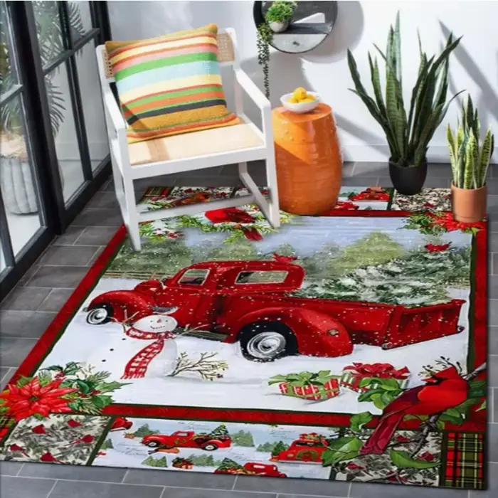 Tapis de sol de Noël rouge avec motif de camion et sapin de Noël