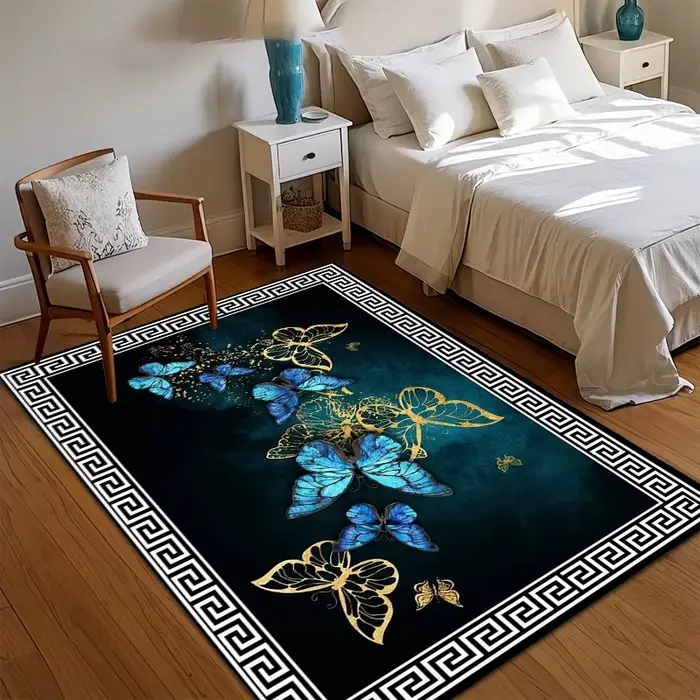 Tapis de salon bleu sarcelle et doré à motifs papillon grecs, tapis de chambre doux avec motifs papi