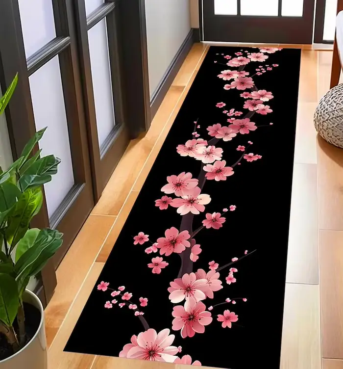 Tapis de couloir à motif de fleurs de cerisier, rose, antidérapant, bleu marine, tapis de décoration
