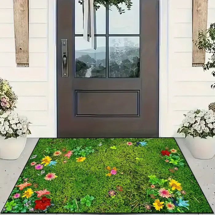 Paillasson d'entrée antidérapant avec motif floral multicolore sur fond vert