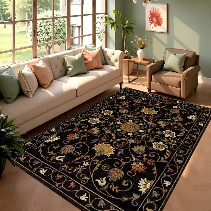 Tapis élégant noir à motifs floraux antidérapant