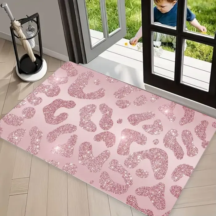 Tapis de sol girly rose pailleté à imprimé léopard, tapis antidérapant, paillasson lavable à imprimé