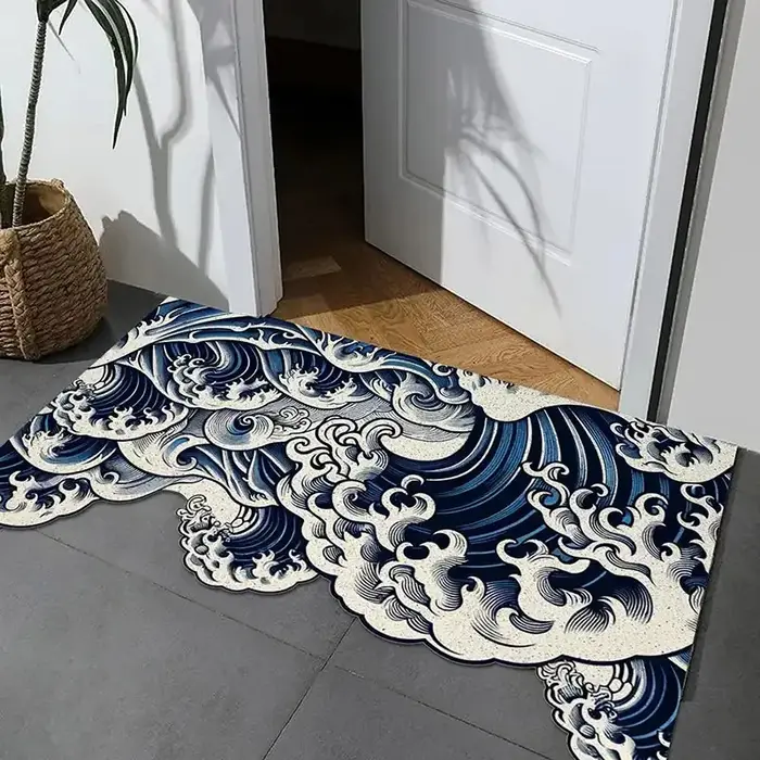 VIKAMA Tapis décoratif japonais Great Wave Art, tapis de sol antidérapant et lavable, tapis sur le t