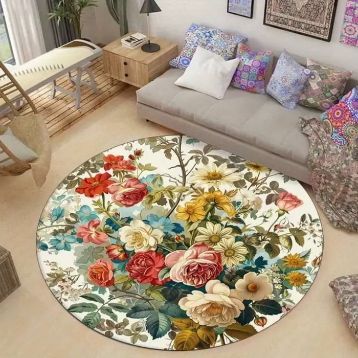 Tapis rond beige vintage à motif de petites fleurs sauvages roses