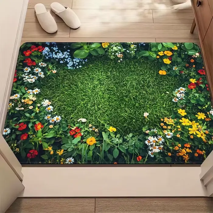 Paillasson d'entrée antidérapant avec motif floral multicolore sur fond vert, tapis de porte pour la